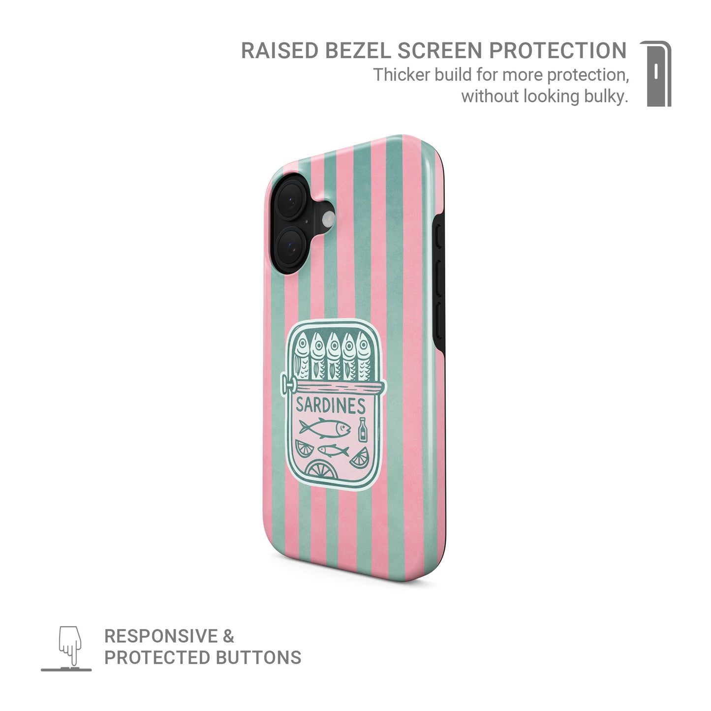 Pink sardine MagSafe tough phone case design with retro fish tins, illustrated sardines and teal coastal stripe background.