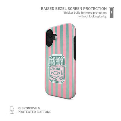 Pink sardine MagSafe tough phone case design with retro fish tins, illustrated sardines and teal coastal stripe background.