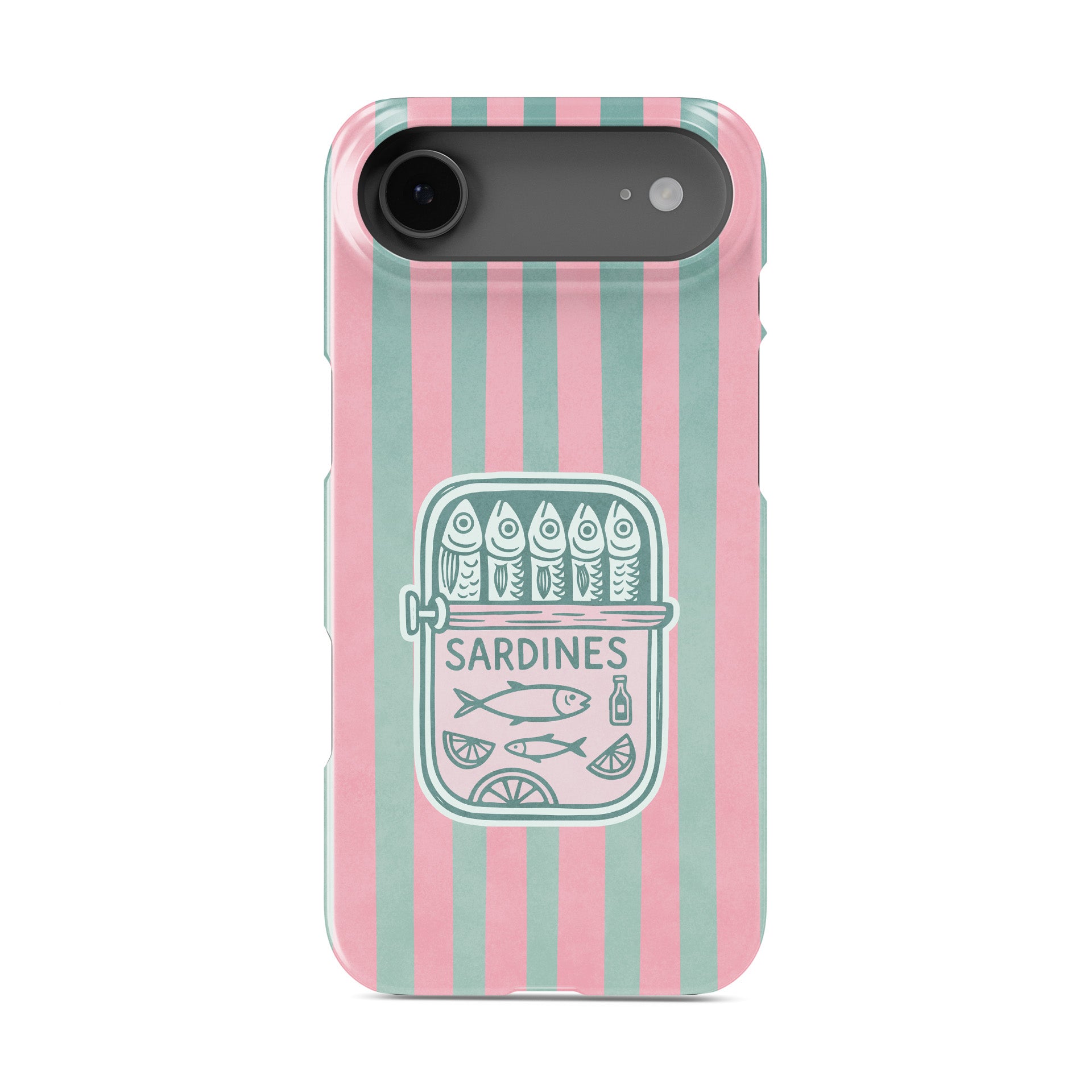 Snap Phone Case with pink and mint vertical stripes and a retro sardine tin illustration in the centre.