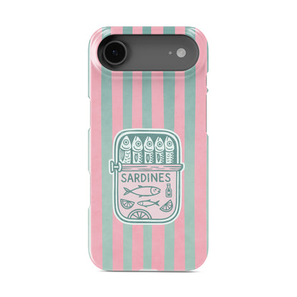 Snap Phone Case with pink and mint vertical stripes and a retro sardine tin illustration in the centre.
