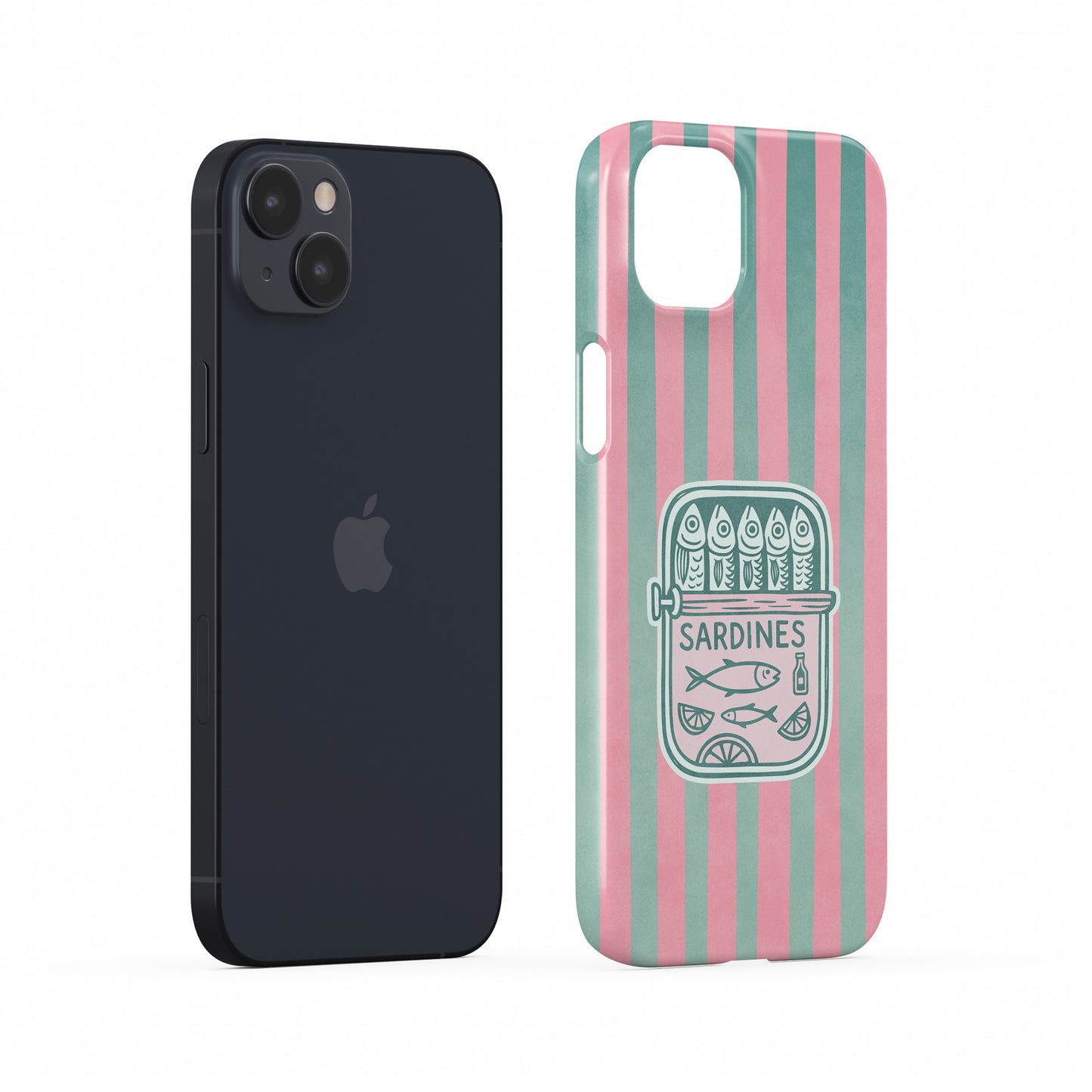 Snap Phone Case with pink and mint vertical stripes and a retro sardine tin illustration in the centre.