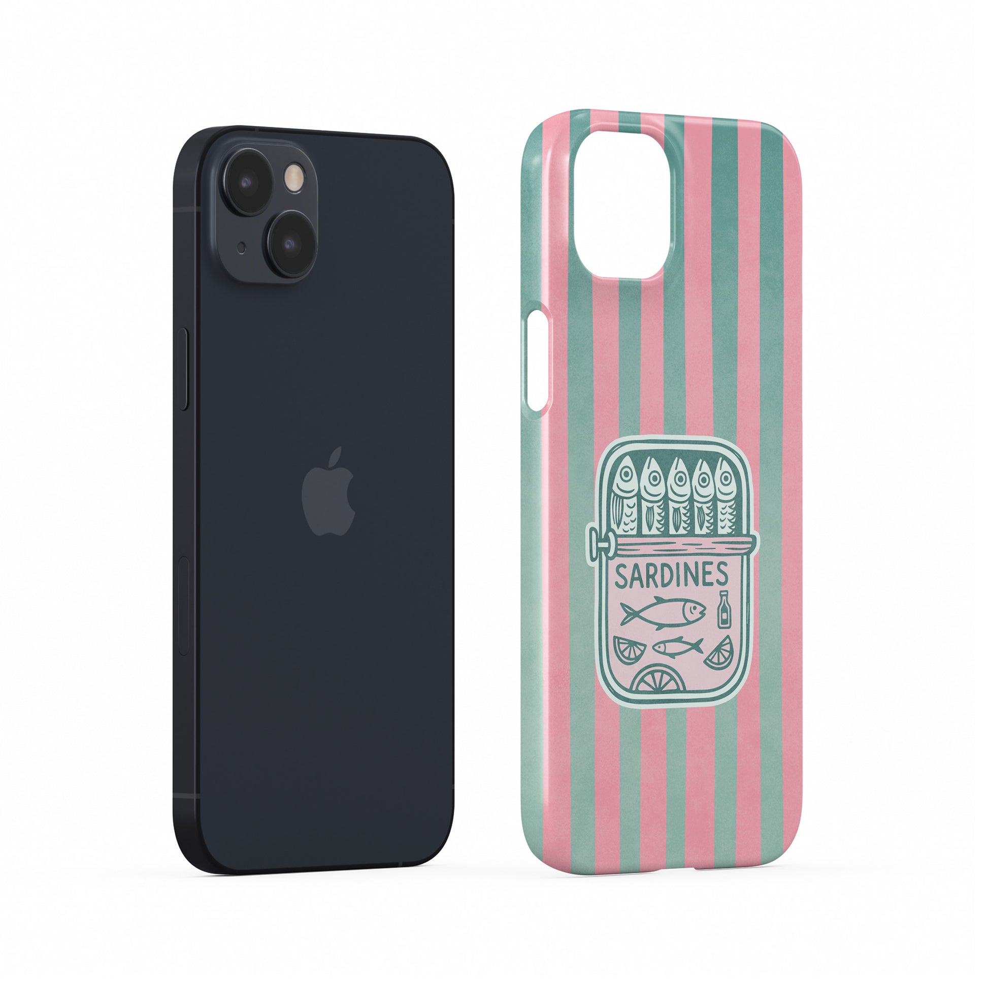 Snap Phone Case with pink and mint vertical stripes and a retro sardine tin illustration in the centre.