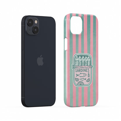 Snap Phone Case with pink and mint vertical stripes and a retro sardine tin illustration in the centre.