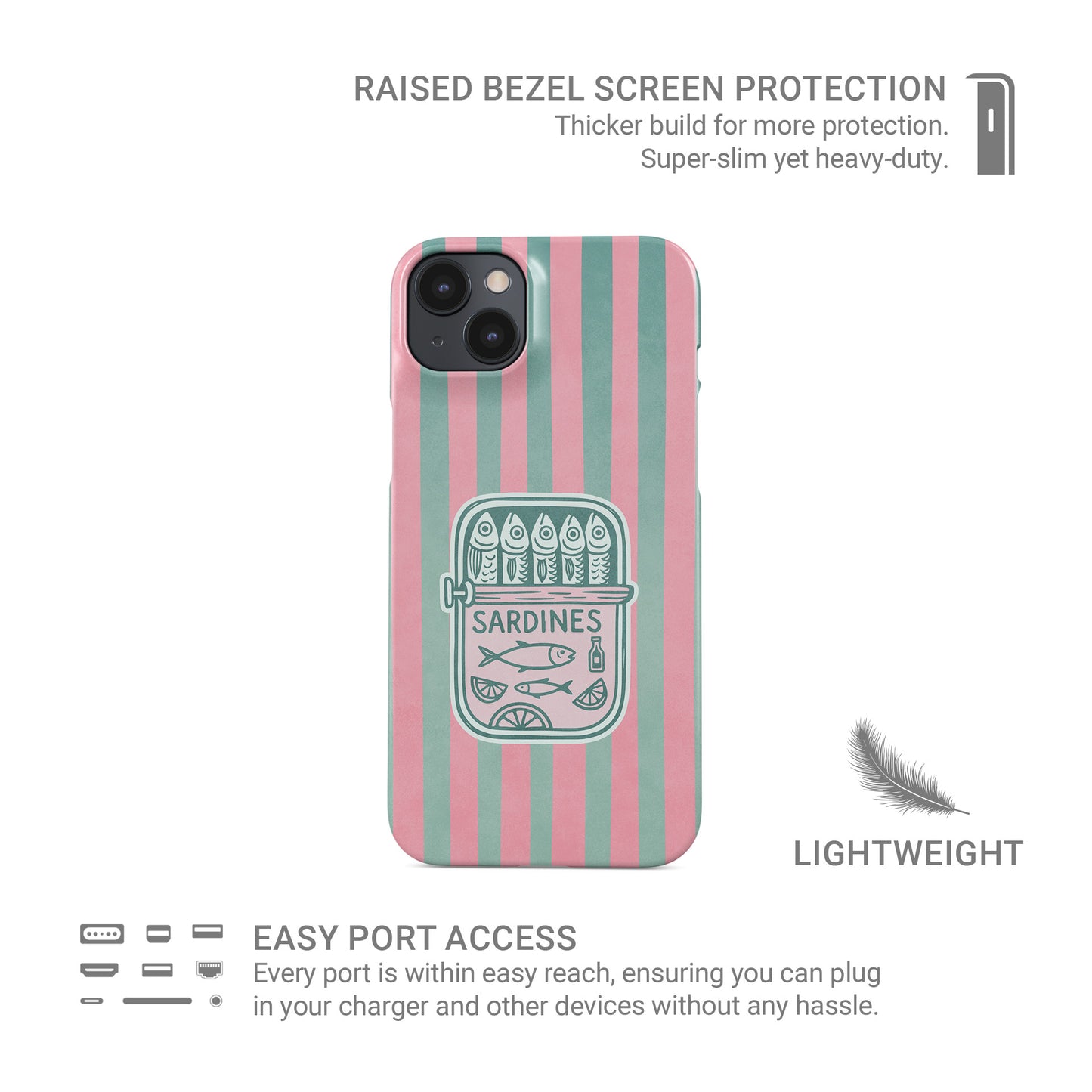 Snap Phone Case with pink and mint vertical stripes and a retro sardine tin illustration in the centre.