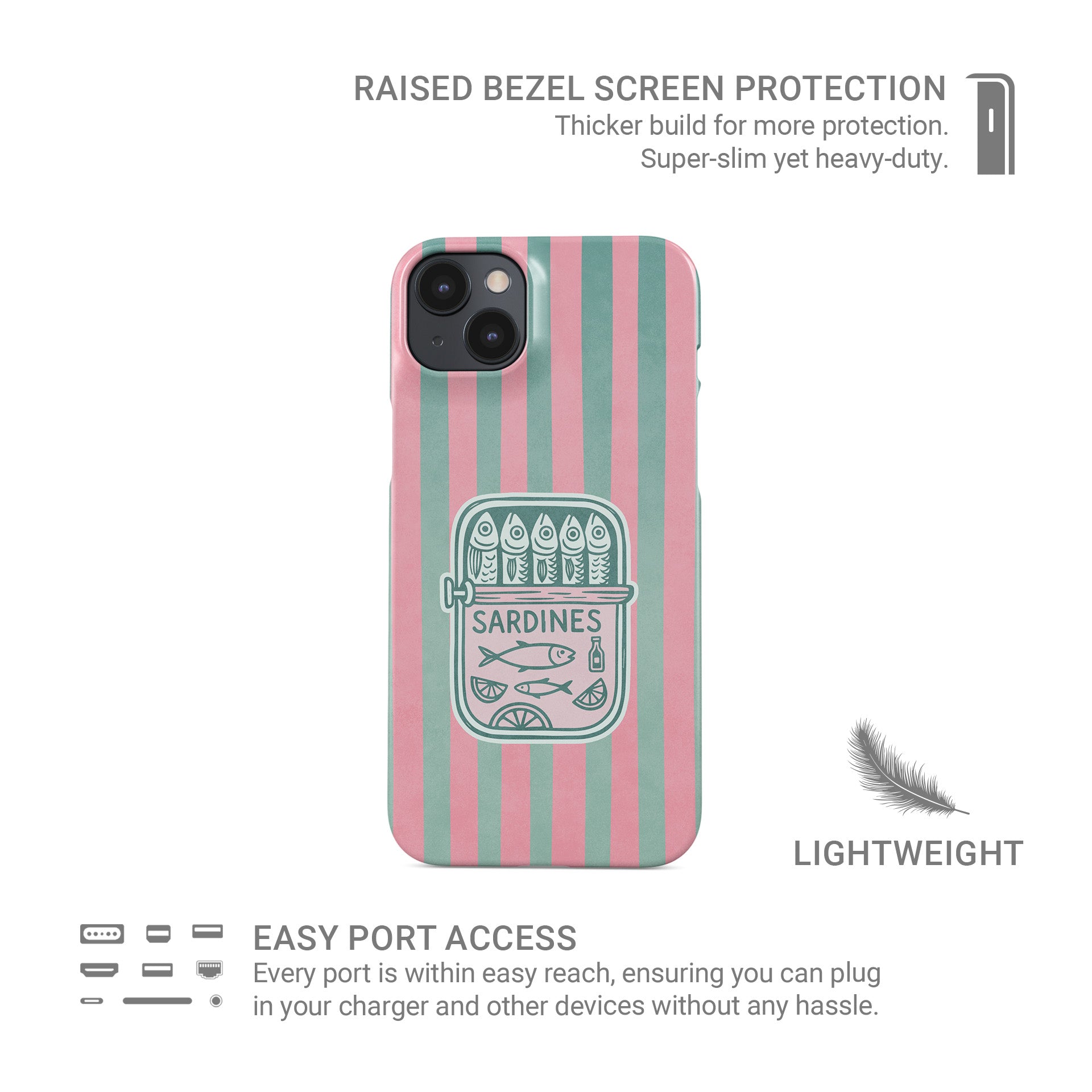 Snap Phone Case with pink and mint vertical stripes and a retro sardine tin illustration in the centre.
