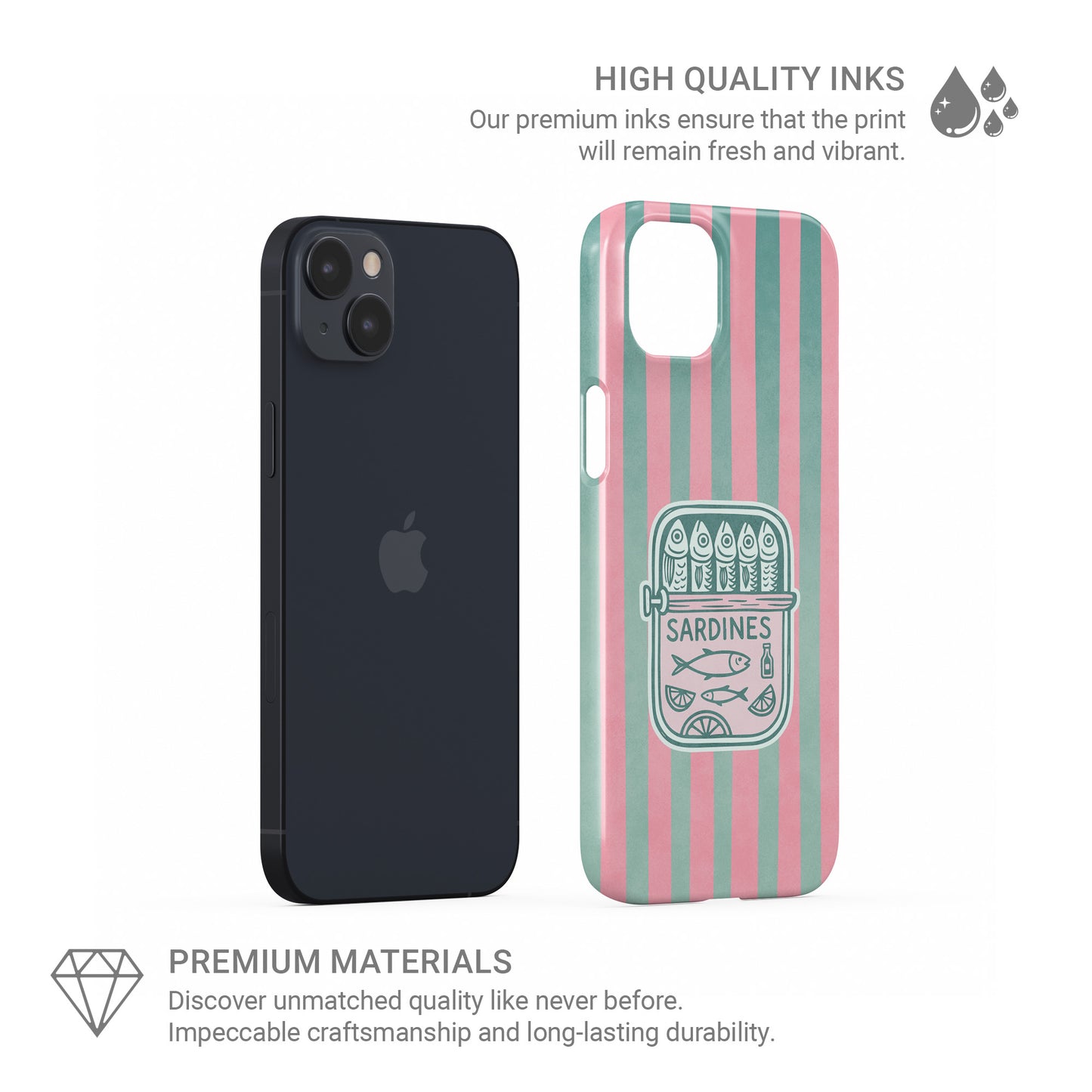 Snap Phone Case with pink and mint vertical stripes and a retro sardine tin illustration in the centre.