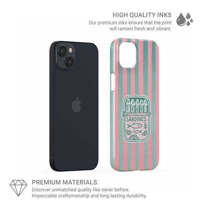 Snap Phone Case with pink and mint vertical stripes and a retro sardine tin illustration in the centre.
