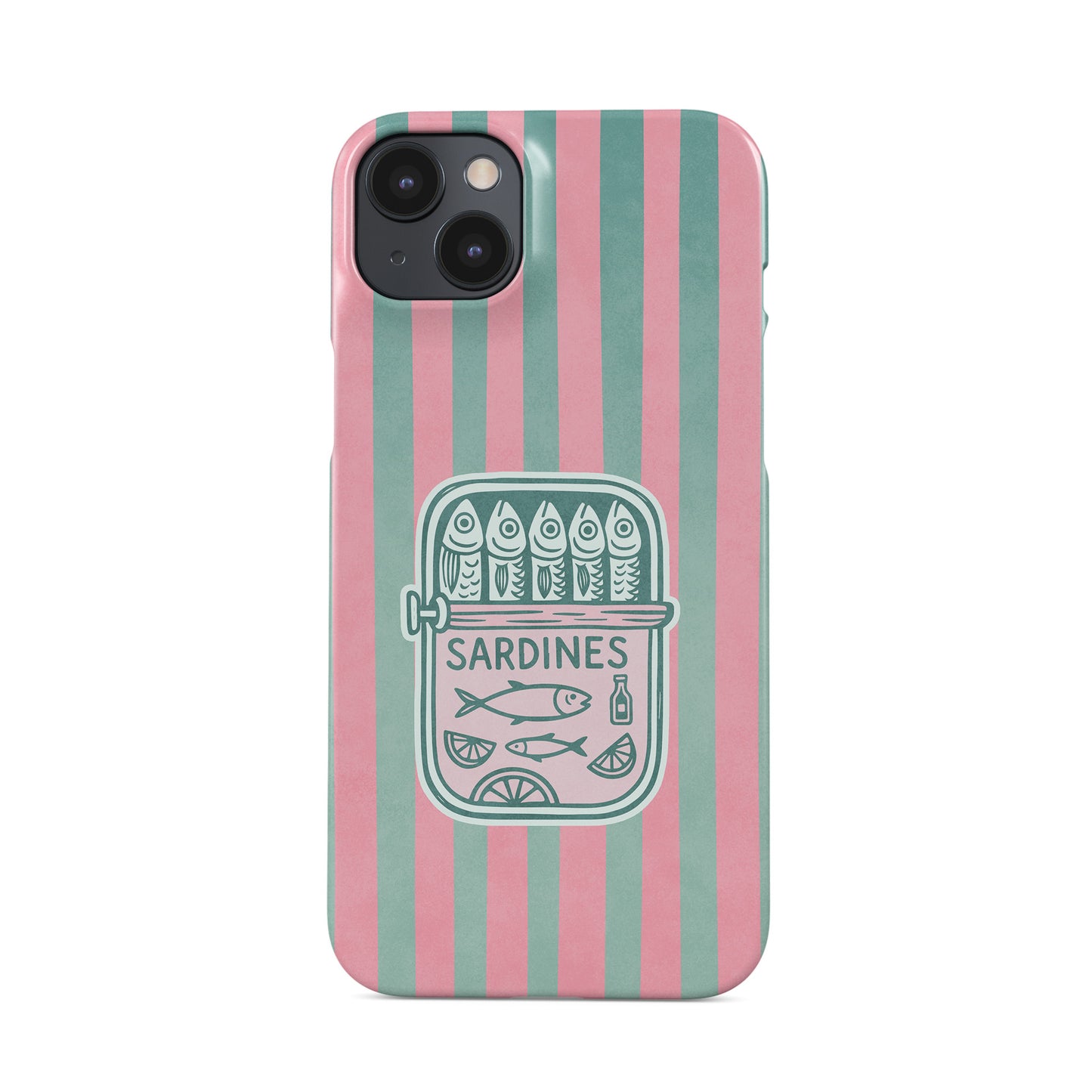 Snap Phone Case with pink and mint vertical stripes and a retro sardine tin illustration in the centre.
