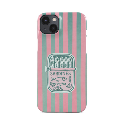 Snap Phone Case with pink and mint vertical stripes and a retro sardine tin illustration in the centre.