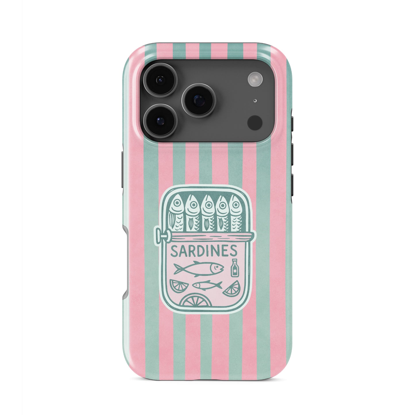 Sardine tough phone case with pink and mint stripes, retro sardine tin illustration and glossy coastal print by Case & Charm.