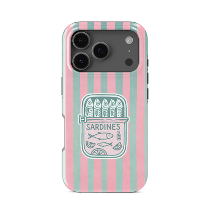 Sardine tough phone case with pink and mint stripes, retro sardine tin illustration and glossy coastal print by Case & Charm.