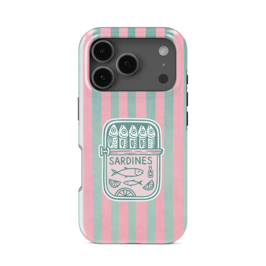 Sardine tough phone case with pink and mint stripes, retro sardine tin illustration and glossy coastal print by Case & Charm.