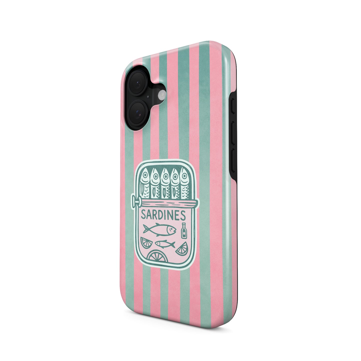 Sardine tough phone case with pink and mint stripes, retro sardine tin illustration and glossy coastal print by Case & Charm.