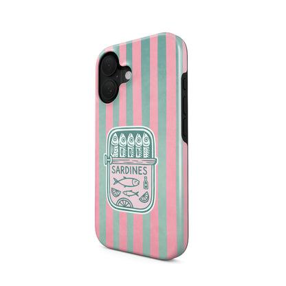 Sardine tough phone case with pink and mint stripes, retro sardine tin illustration and glossy coastal print by Case & Charm.