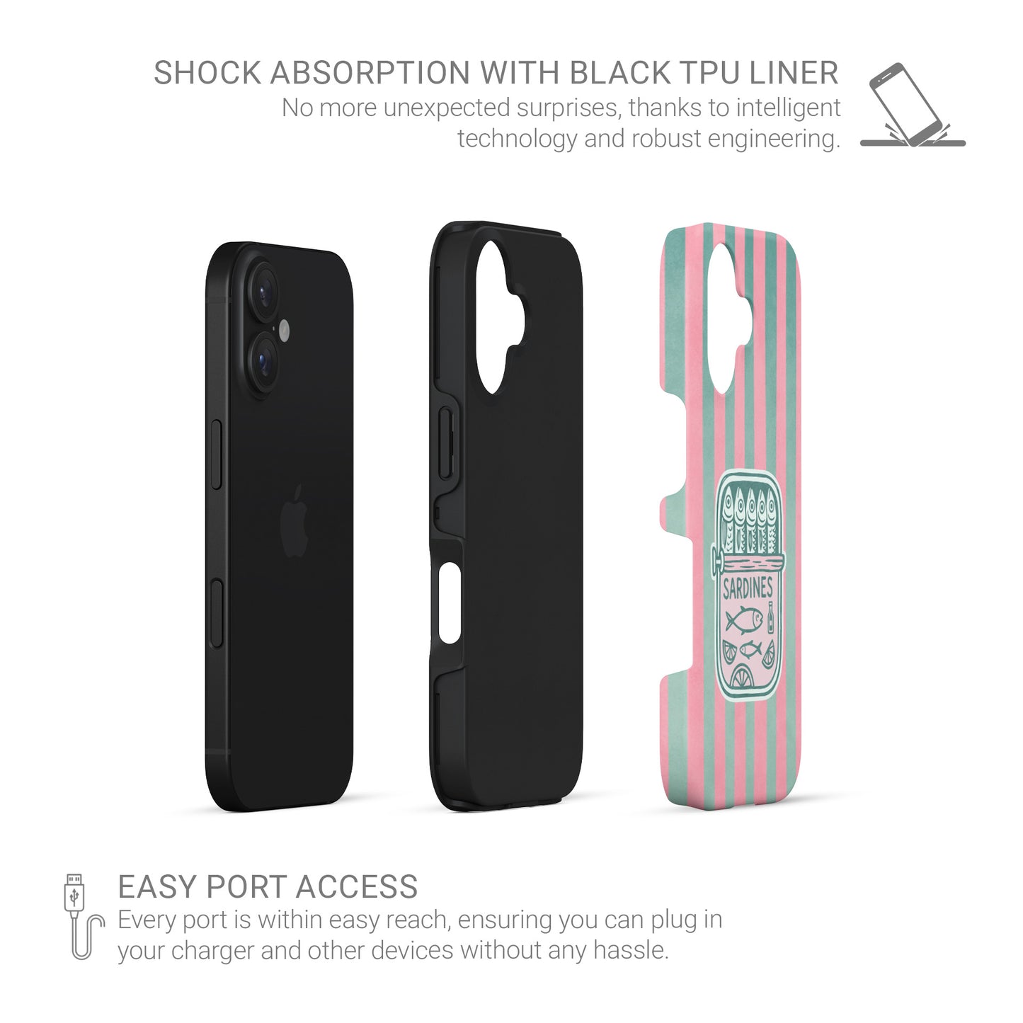 Sardine tough phone case with pink and mint stripes, retro sardine tin illustration and glossy coastal print by Case & Charm.