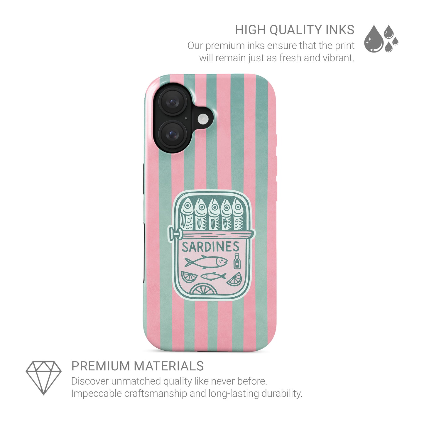 Sardine tough phone case with pink and mint stripes, retro sardine tin illustration and glossy coastal print by Case & Charm.