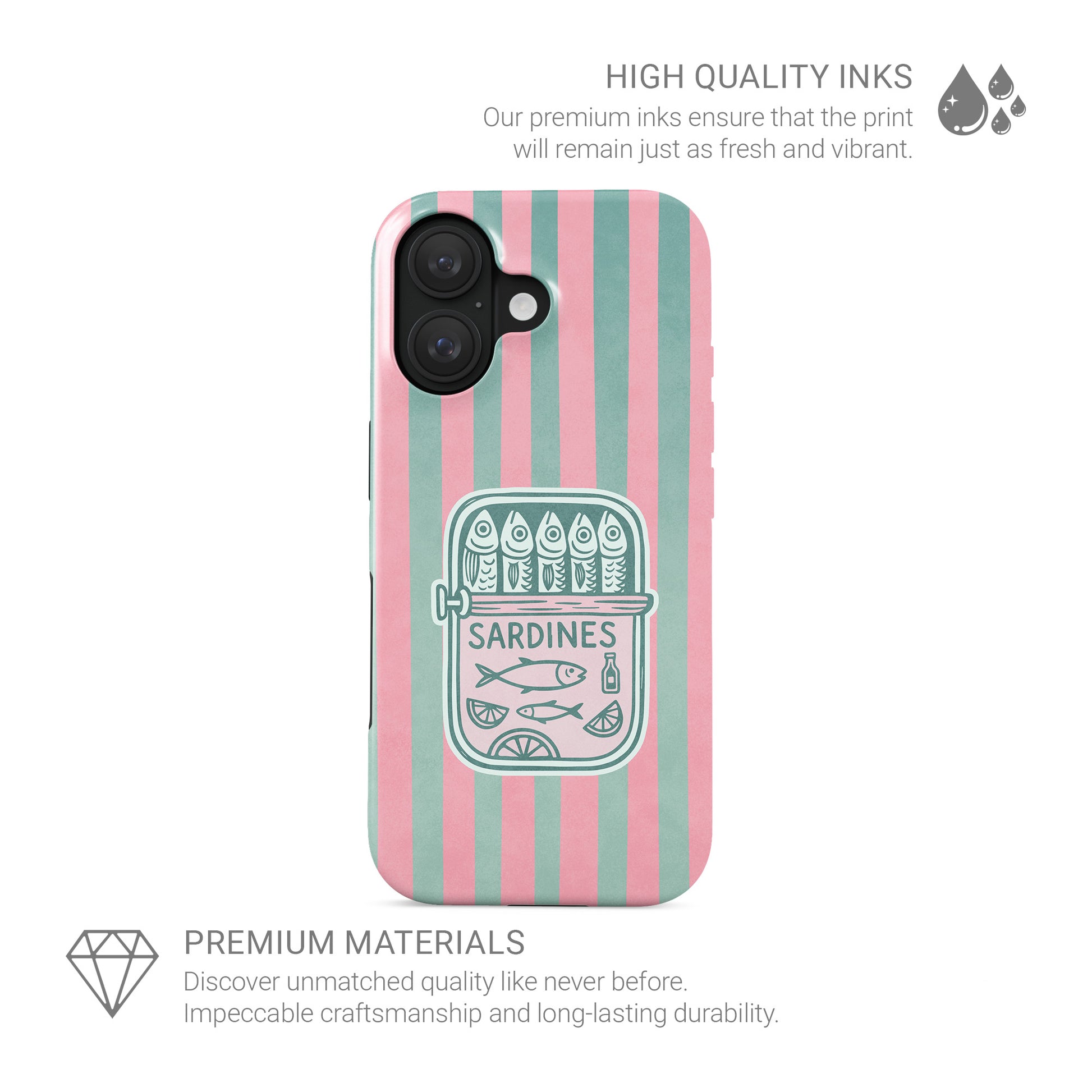 Sardine tough phone case with pink and mint stripes, retro sardine tin illustration and glossy coastal print by Case & Charm.