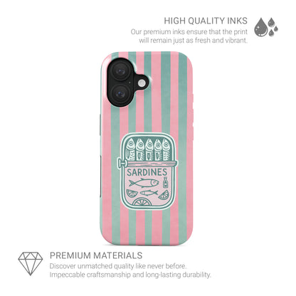 Sardine tough phone case with pink and mint stripes, retro sardine tin illustration and glossy coastal print by Case & Charm.