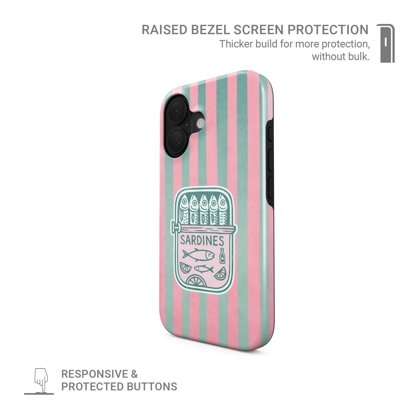 Sardine tough phone case with pink and mint stripes, retro sardine tin illustration and glossy coastal print by Case & Charm.