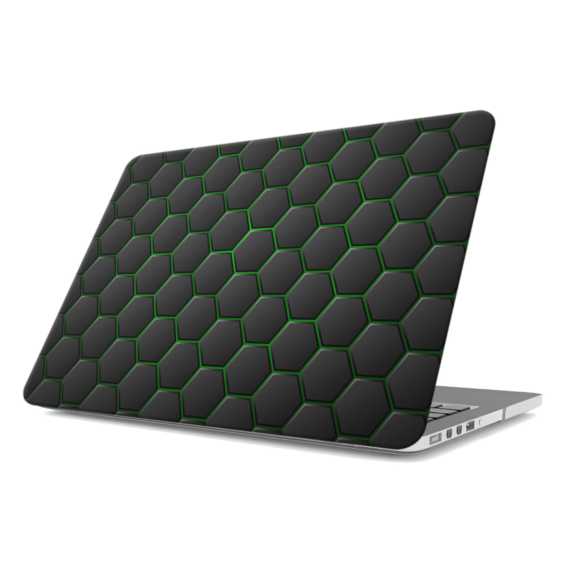 Emerald Pulse laptop case with black hexagon design and green accents in a slim hard shell finish