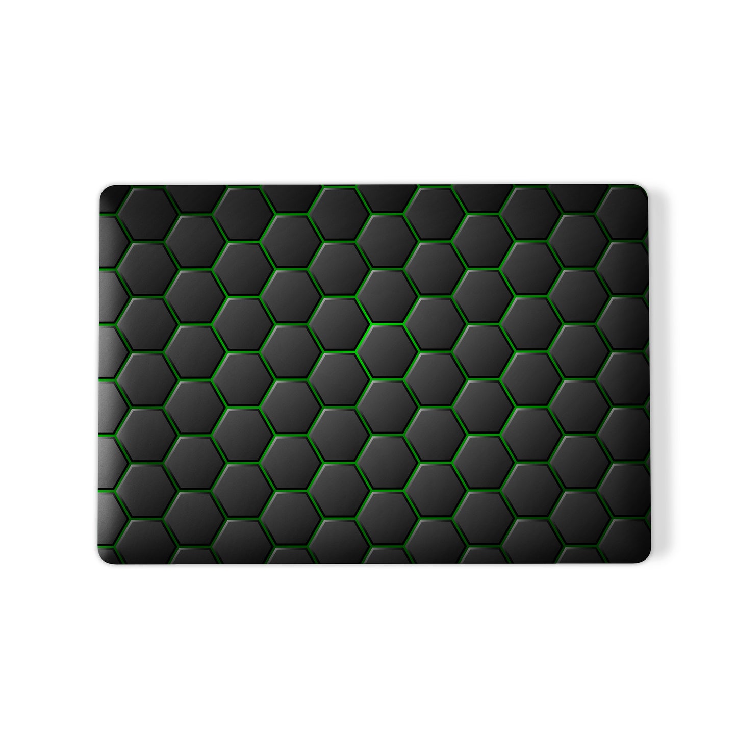 Emerald Pulse laptop case with black hexagon design and green accents in a slim hard shell finish