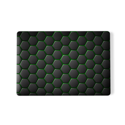 Emerald Pulse laptop case with black hexagon design and green accents in a slim hard shell finish