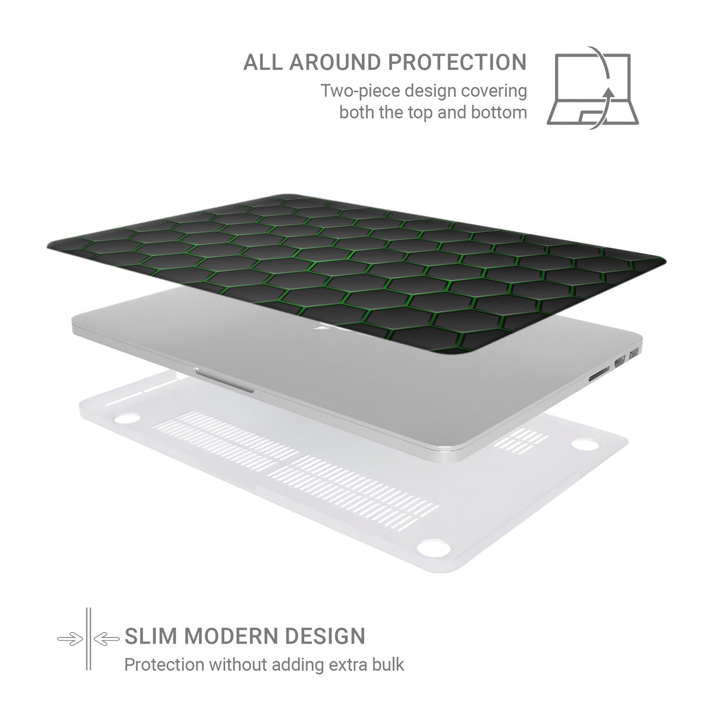 Emerald Pulse laptop case with black hexagon design and green accents in a slim hard shell finish