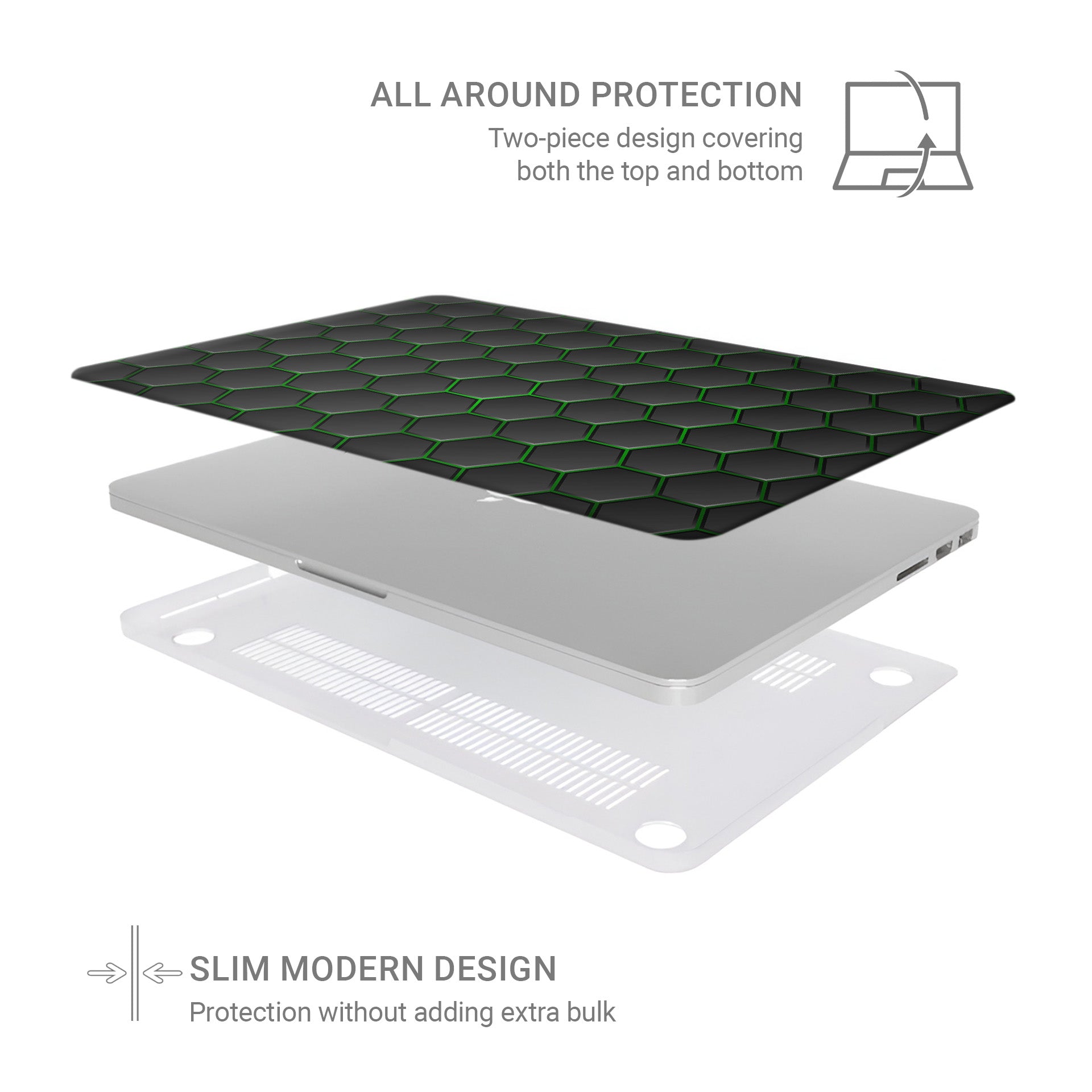 Emerald Pulse laptop case with black hexagon design and green accents in a slim hard shell finish