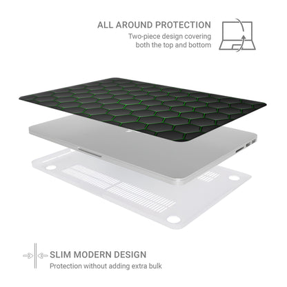 Emerald Pulse laptop case with black hexagon design and green accents in a slim hard shell finish