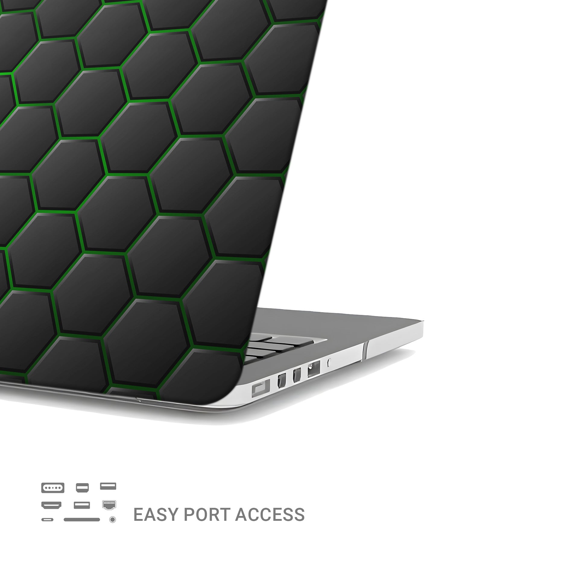 Emerald Pulse laptop case with black hexagon design and green accents in a slim hard shell finish