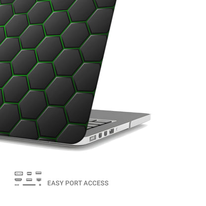 Emerald Pulse laptop case with black hexagon design and green accents in a slim hard shell finish