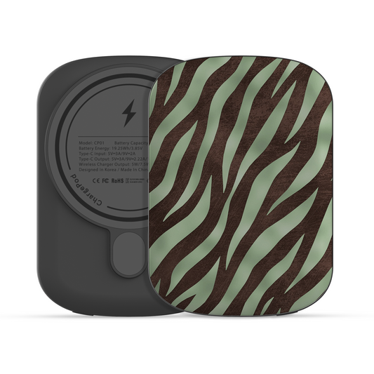 Pistachio Mane Power Bank with chocolate zebra stripes on pistachio green from the Wild Atelier collection.