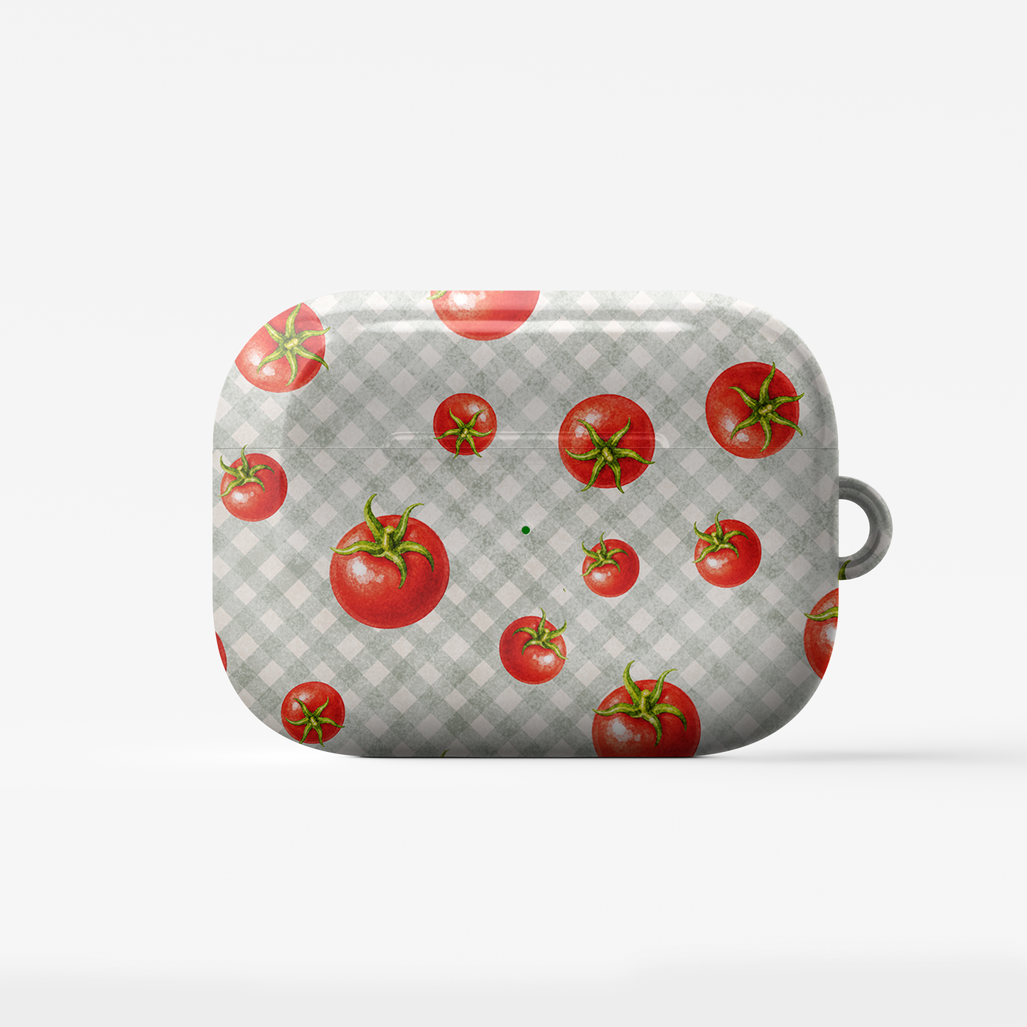 Tomato Tumble AirPods Case with scattered hand-painted red tomatoes on soft sage gingham
