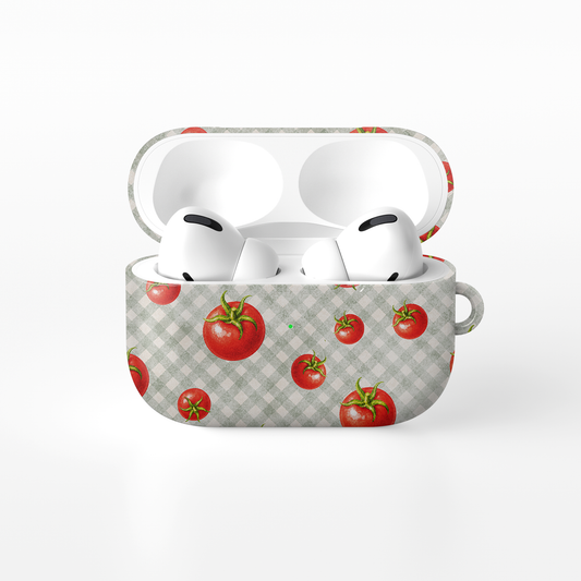 Tomato Tumble AirPods Case with scattered hand-painted red tomatoes on soft sage gingham
