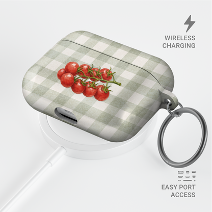 Garden Bounty AirPods Case with watercolour red tomato vine on soft sage gingham
