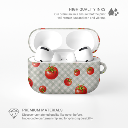 Tomato Tumble AirPods Case with scattered hand-painted red tomatoes on soft sage gingham
