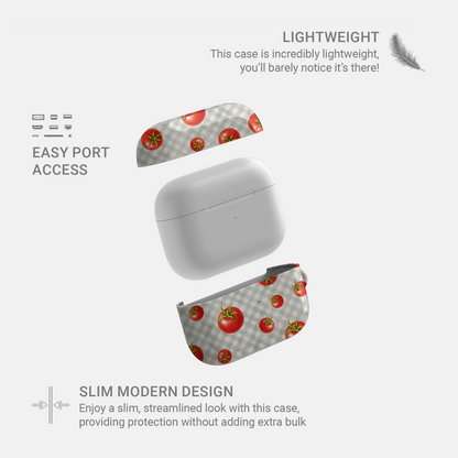 Tomato Tumble AirPods Case with scattered hand-painted red tomatoes on soft sage gingham
