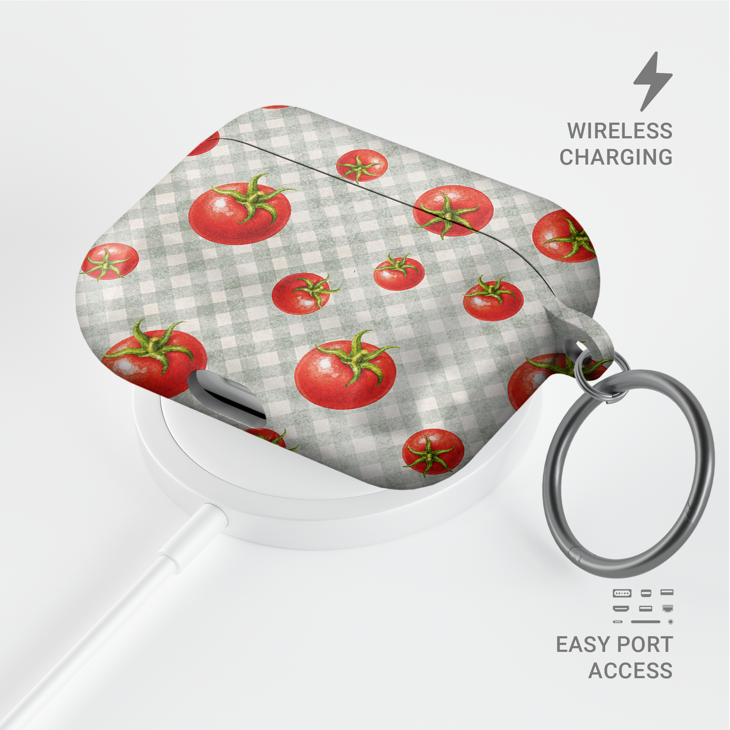 Tomato Tumble AirPods Case with scattered hand-painted red tomatoes on soft sage gingham
