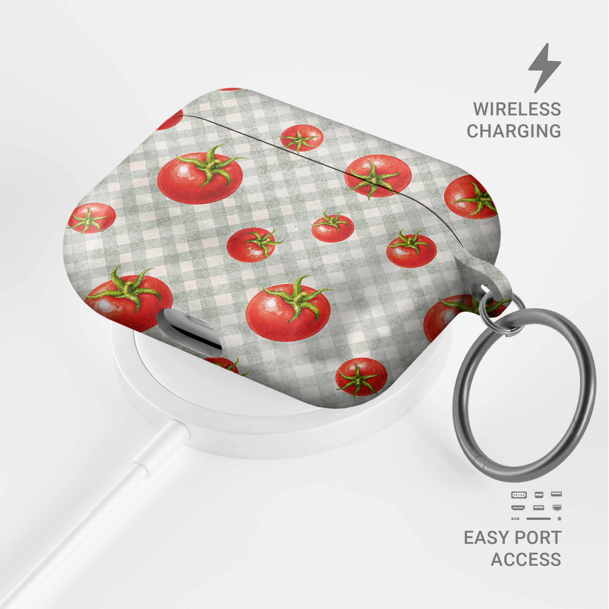 Tomato Tumble AirPods Case with scattered hand-painted red tomatoes on soft sage gingham
