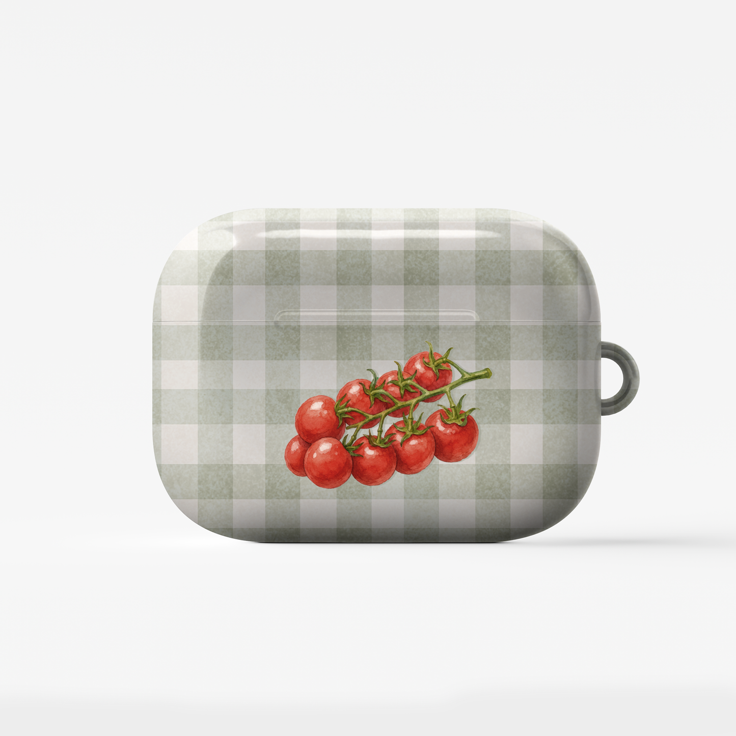 Garden Bounty AirPods Case with watercolour red tomato vine on soft sage gingham
