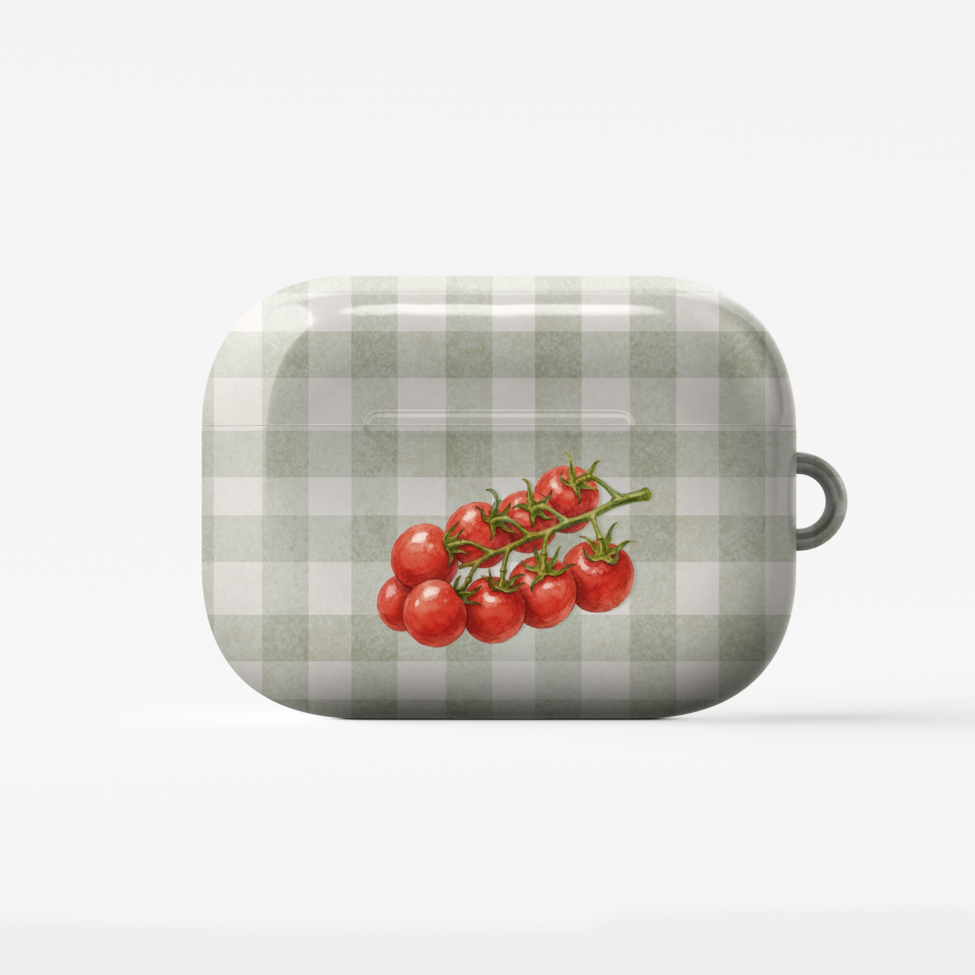 Garden Bounty AirPods Case with watercolour red tomato vine on soft sage gingham
