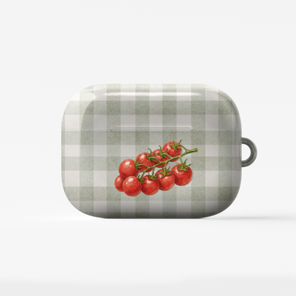 Garden Bounty AirPods Case with watercolour red tomato vine on soft sage gingham
