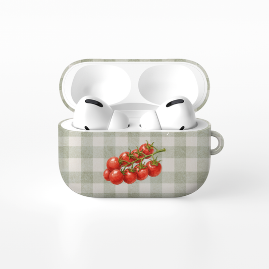 Garden Bounty AirPods Case with watercolour red tomato vine on soft sage gingham
