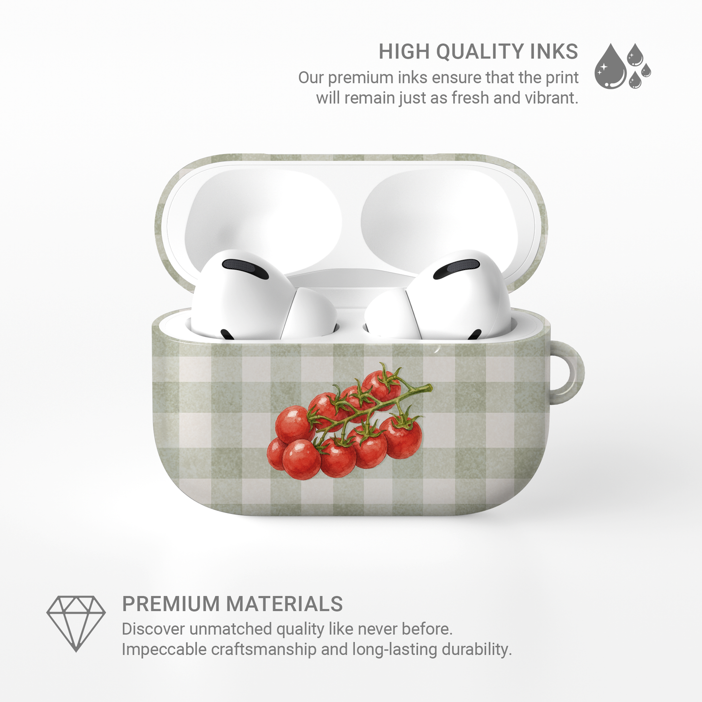 Garden Bounty AirPods Case with watercolour red tomato vine on soft sage gingham
