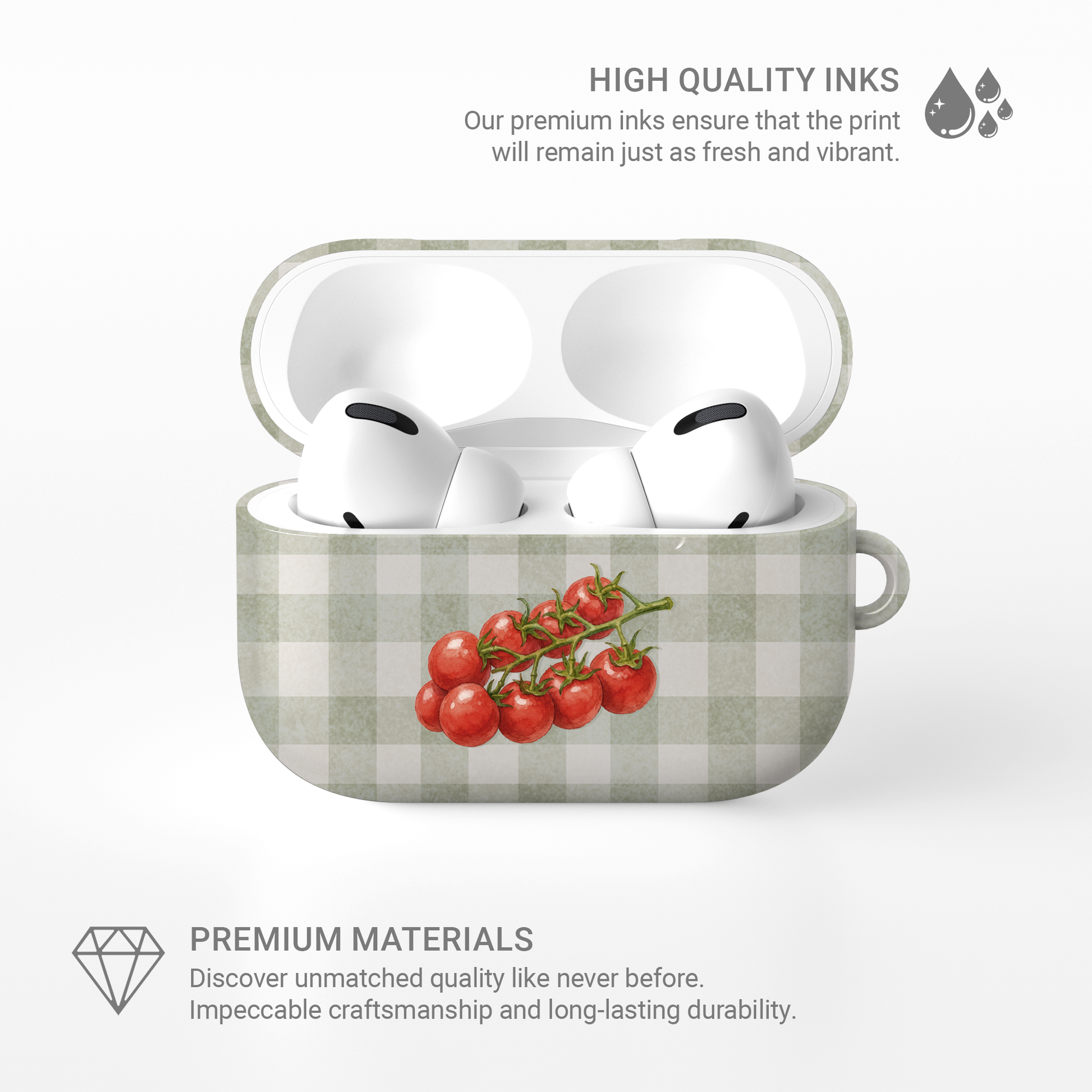 Garden Bounty AirPods Case with watercolour red tomato vine on soft sage gingham
