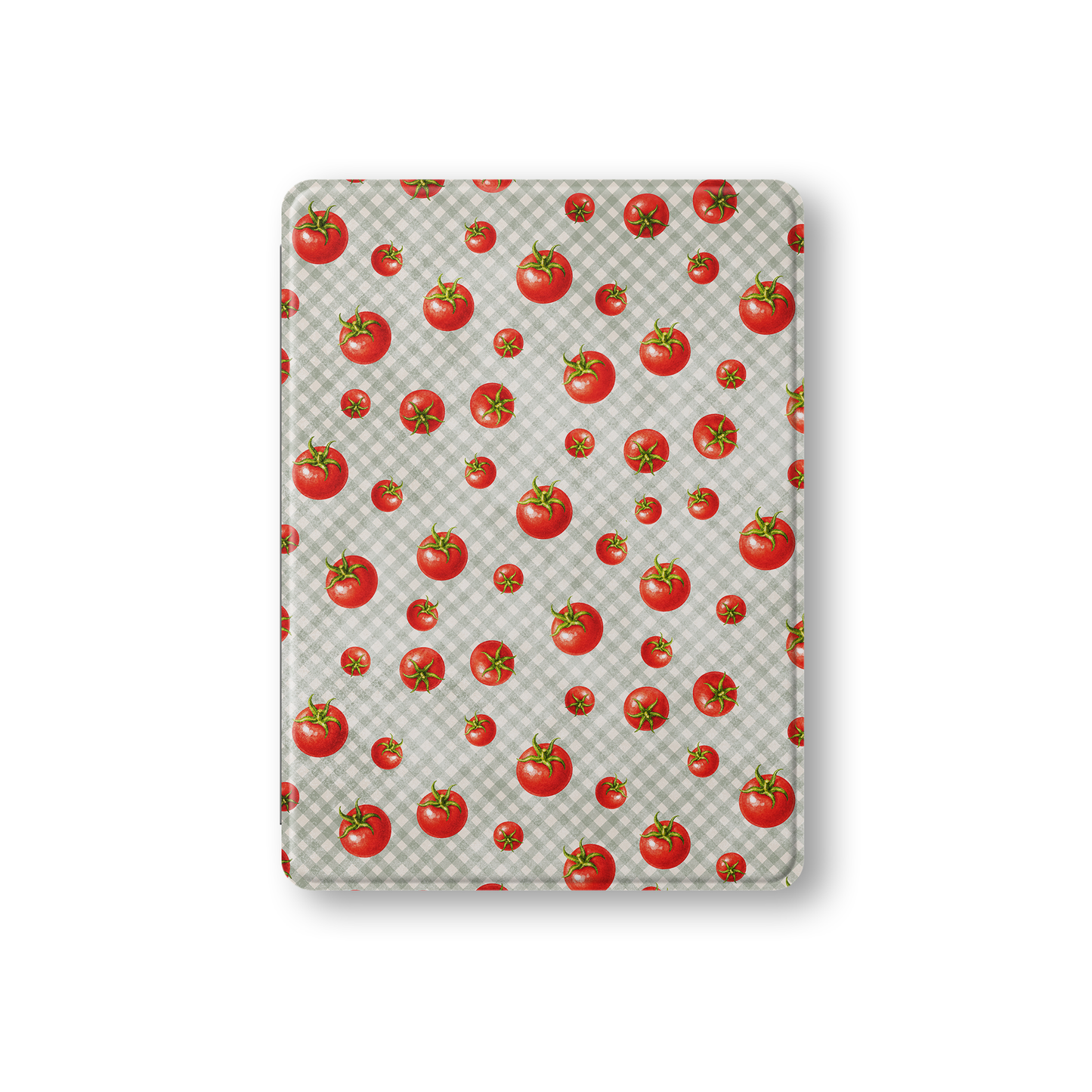 Tomato Tumble iPad Folio Case with scattered hand-painted red tomatoes on soft sage gingham
