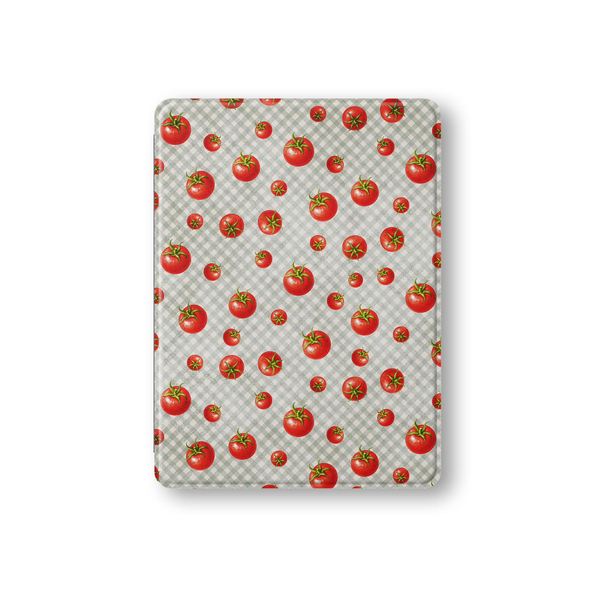 Tomato Tumble iPad Folio Case with scattered hand-painted red tomatoes on soft sage gingham
