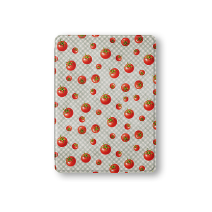 Tomato Tumble iPad Folio Case with scattered hand-painted red tomatoes on soft sage gingham
