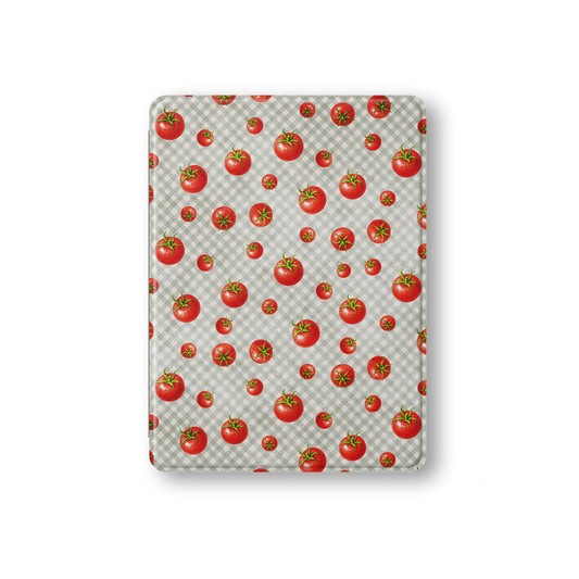 Tomato Tumble iPad Folio Case with scattered hand-painted red tomatoes on soft sage gingham
