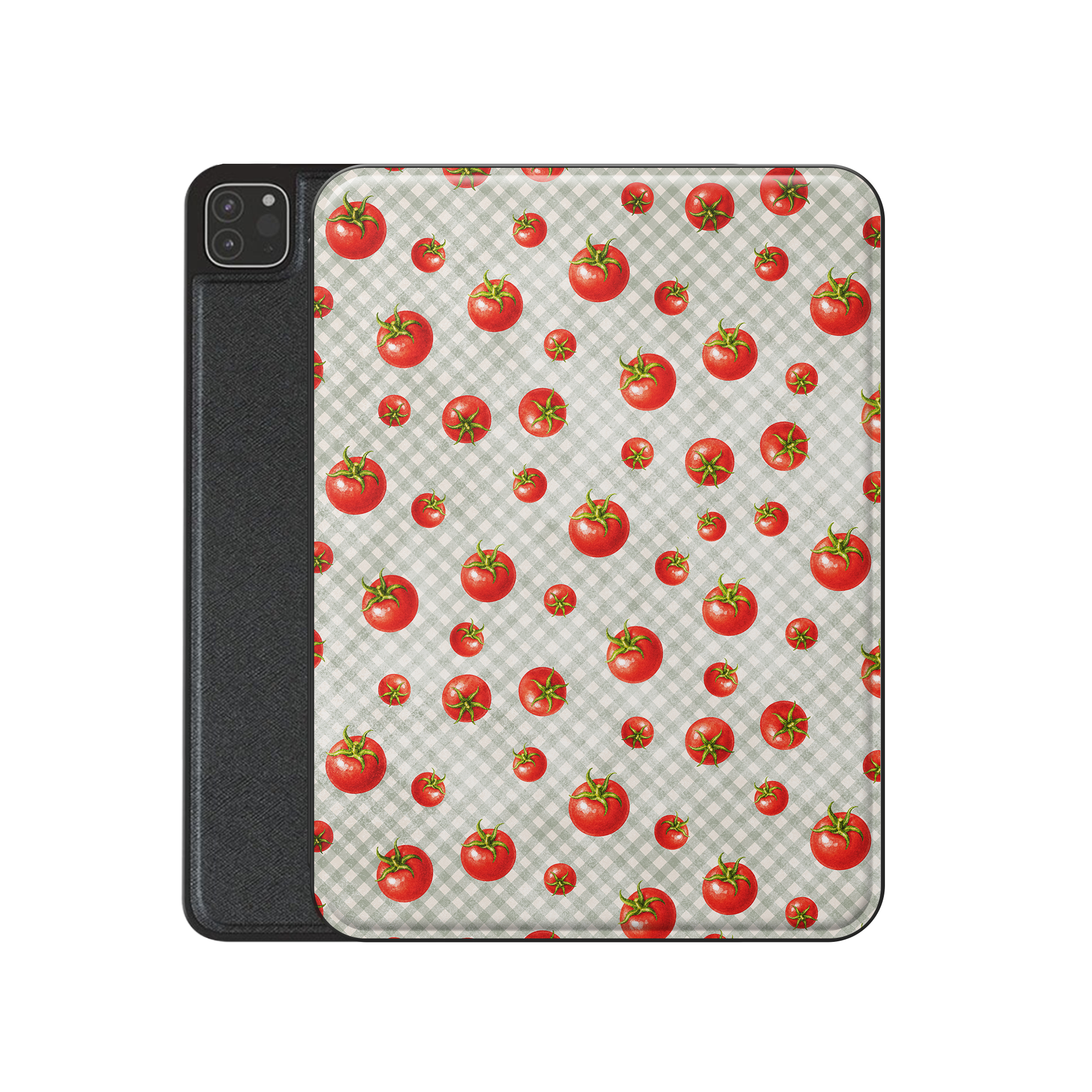 Tomato Tumble iPad Folio Case with scattered hand-painted red tomatoes on soft sage gingham
